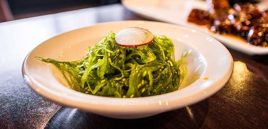 Λευκό πιάτο με σαλάτα από πράσινα βρώσιμα φύκια.