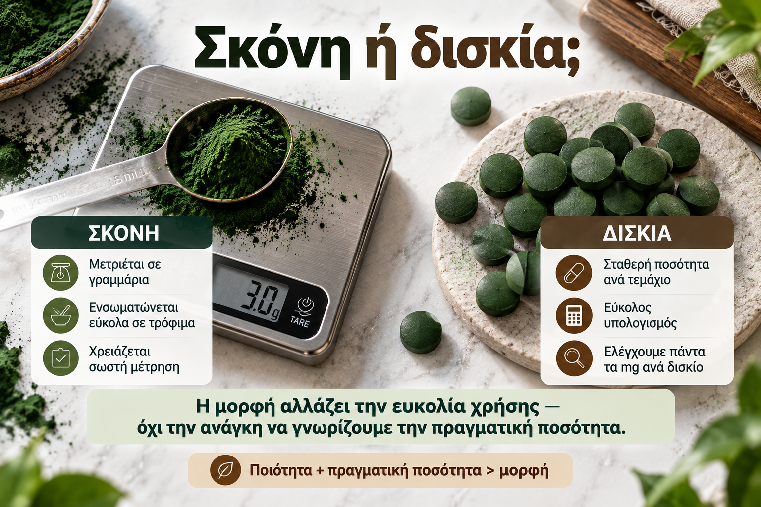 Σπιρουλίνα σε σκόνη και δισκία σύγκριση μορφών
